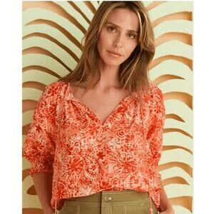MARIE OLIVER Lara Top Orange Floral Print Boho Chic Preppy Tasseled Cotton Small